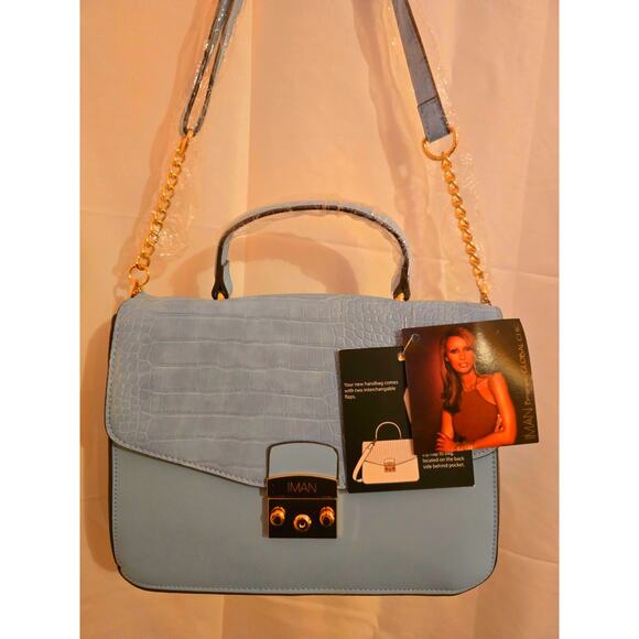 Iman Global Chic Satchel /Crossbody Light Blue Flower Garden Gold Hardware NWT - Picture 3 of 4